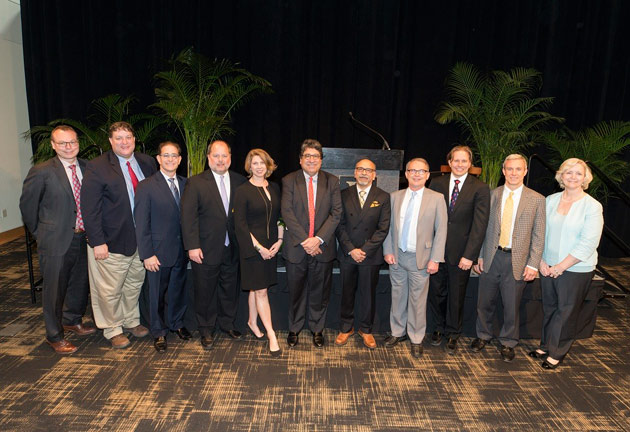 From left: Jeff Balser, David Cliffel, Edward Chaum, N. Edwin Trevathan, Melinda Beeuwkes Buntin, Chancellor Nicholas S. Zeppos, Sebastian Joyce, Philippe Fauchet, Scott Borinstein, E. Wesley Ely and Provost Susan R. Wente. (Joe Howell/Vanderbilt)
