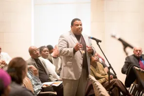 VUPD Chief August Washington described for staff at the town hall meeting his department's system for promotion and retention. (Susan Urmy/Vanderbilt)