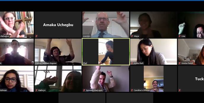 Medicine, Health and Society students and faculty take a mental health break with a dance-off during a virtual coffee hour hosted by Dominique Behague and Jonathan Metzl.