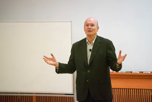 Board of Trust Chairman Bruce R. Evans addresses attendees of the Chancellor's Search town hall meeting on June 5. (Joe Howell/Vanderbilt)