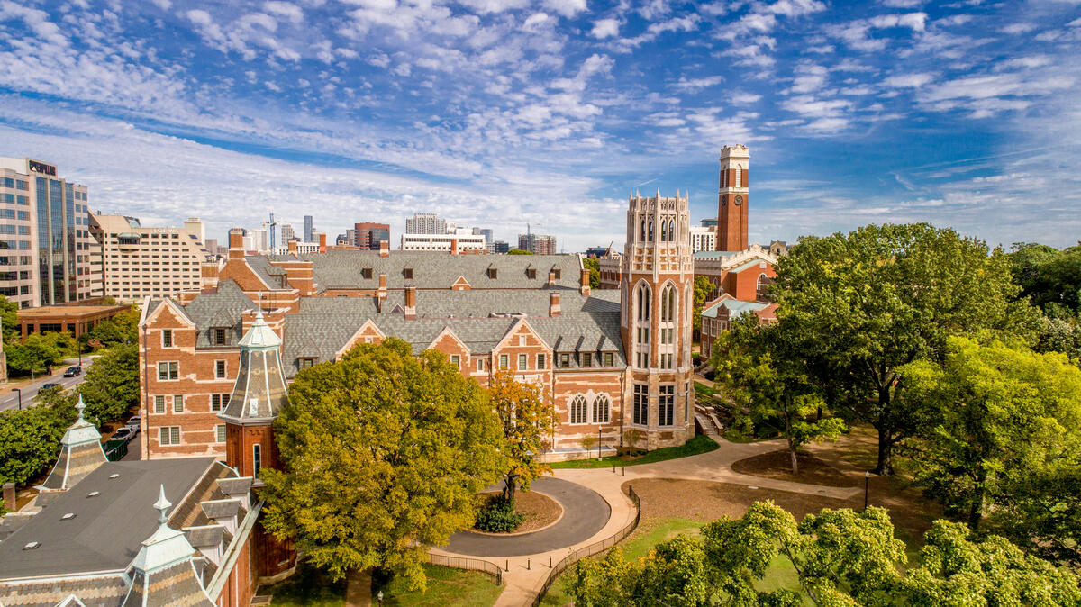 Aerial drone image of Vanderbilt campus. E. Bronson Ingram Residential collage and Kirkland Hall