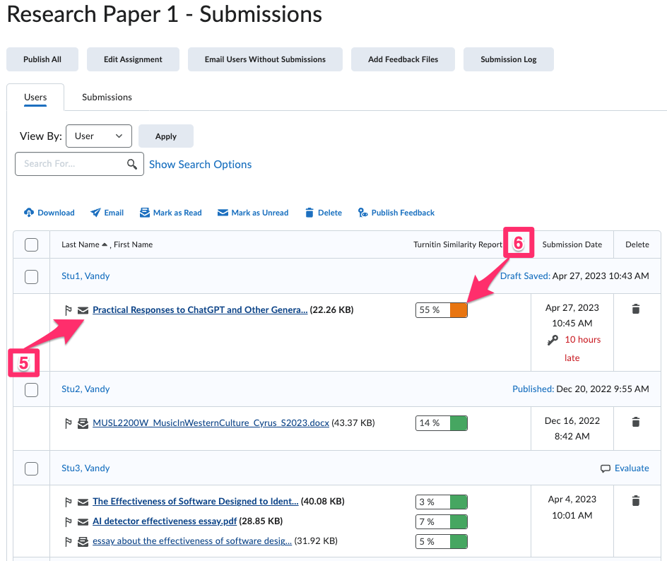 Assignment submissions page with a number 5 label and arrow pointing to an assignment submission filename. There is always a number 6 label with an arrow pointing to a percentage indicator under the Trunitin Similarity Report column.