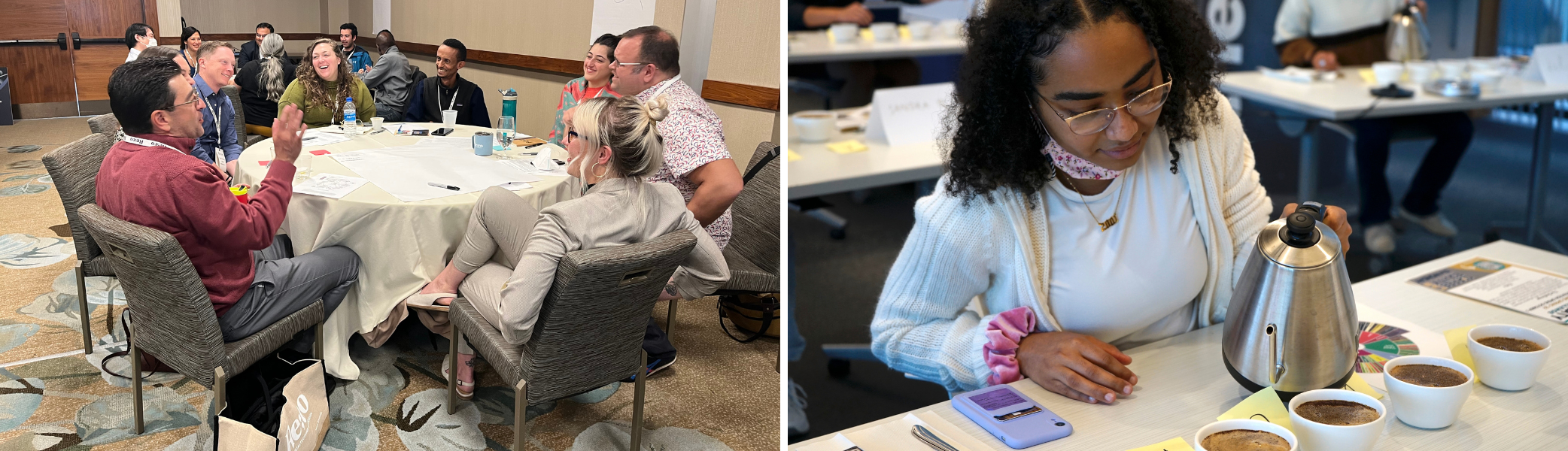 Image 1: Roundtable discussion and Image 2: Pouring Coffee