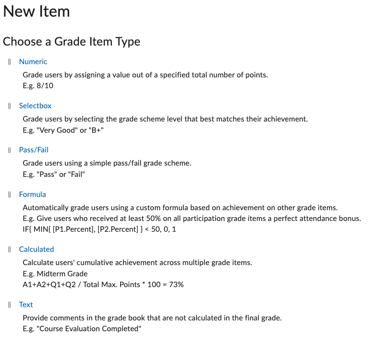 Screenshot of text explaining the difference between grade types in Brightspace