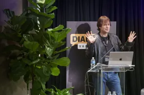 MIT professor Max Tegmark delivers the keynote lecture for the Symposium on AI, Free Speech and Human Rights at the John Seigenthaler Center on Oct. 13, 2023. (Harrison McClary/Vanderbilt)