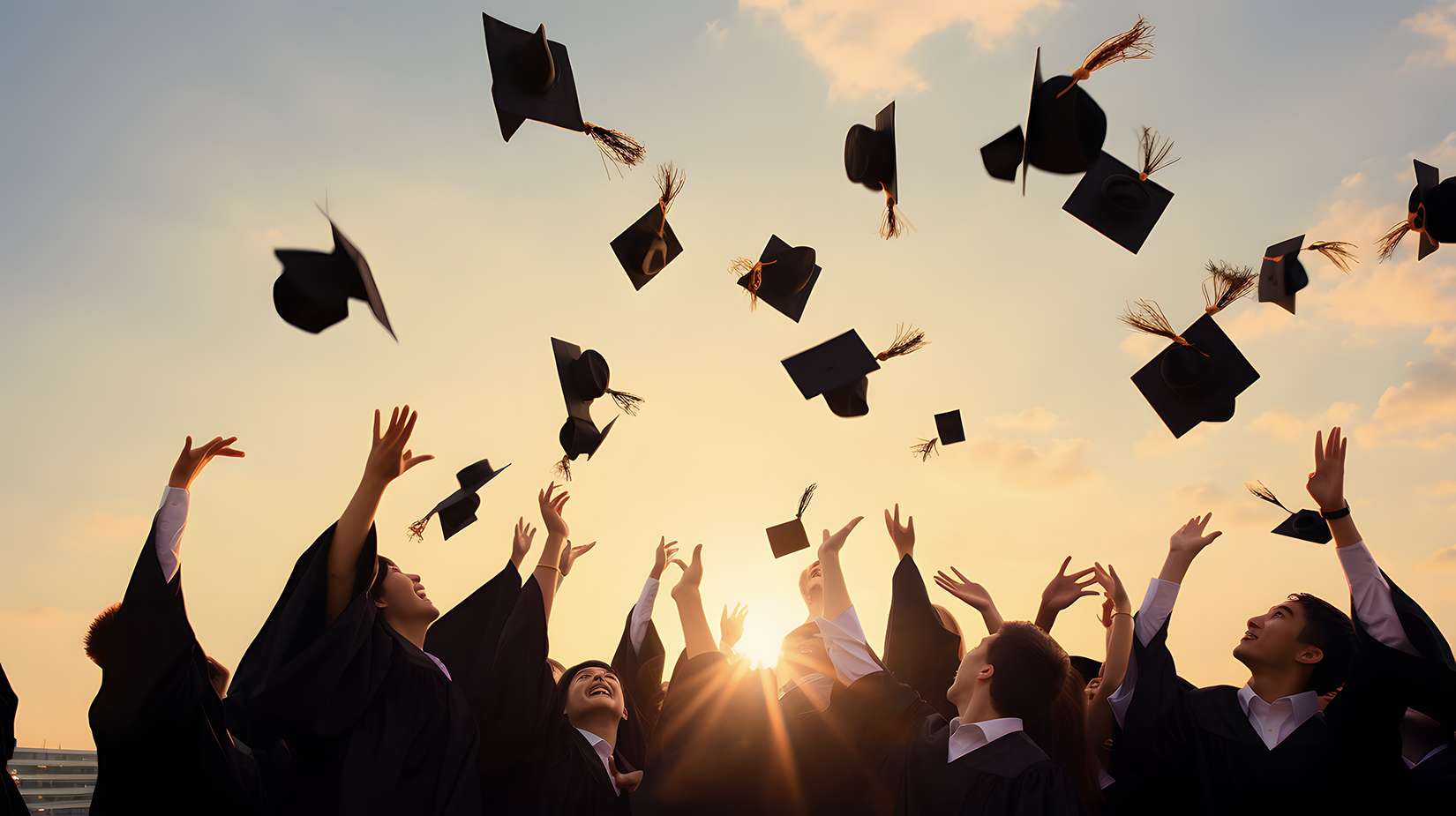 Group of cheerful student throwing graduation hats in the air celebrating, education concept with students celebrate success with hats and certificates. Adobe Stock image by AspctStyle. Generated with AI.