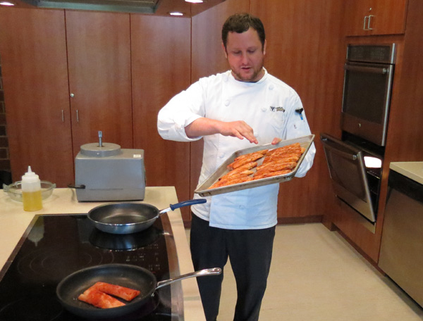 Brian Hancock, a sous chef with Vanderbilt Campus Dining, prepared blackened mahi mahi tacos at the April 17 Vandy Cooks event. (photo courtesy of VRWC)