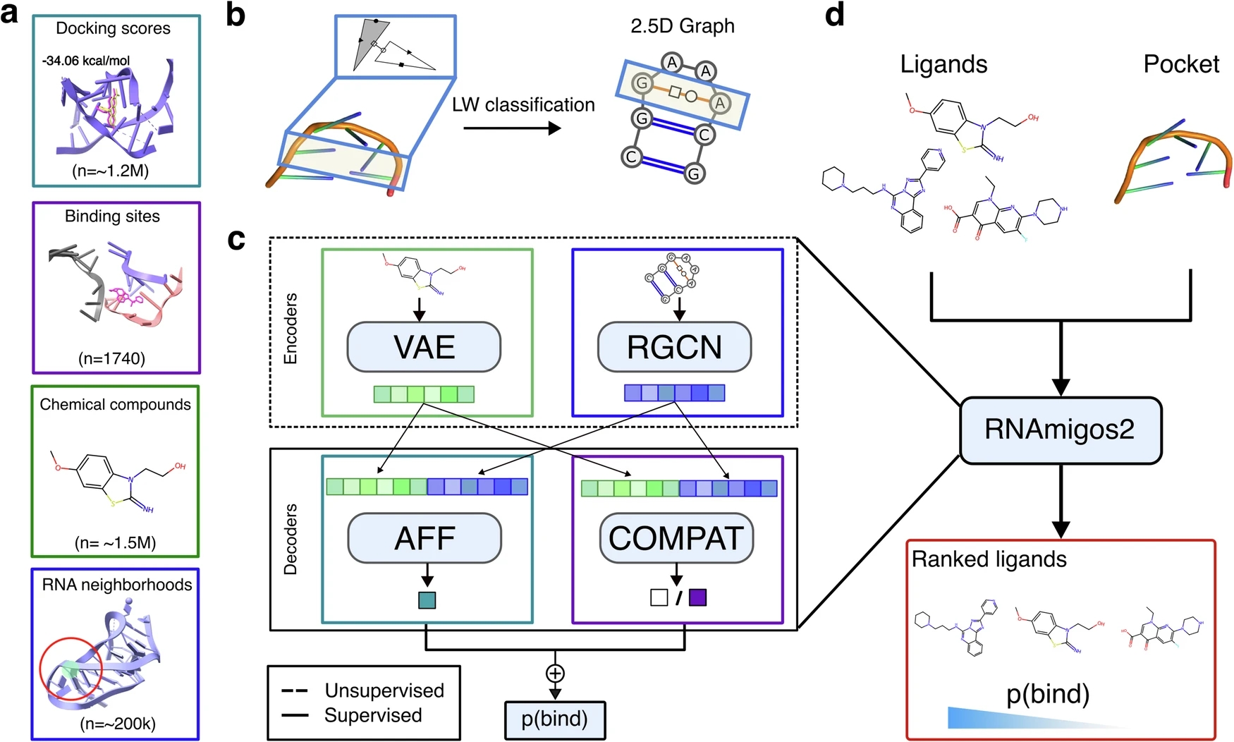 A-four panel figure that includes a) the four datasets used in this paper, b) a representation of RNA structure as a 2.5D graph, c) the four models to learn RNA-ligand interactions, and d) an overview of the process RNAmigos2 undergoes to integrate the models to screen input ligands libraries and sort them by their predicted probability of binding. For a fuller explanation, please refer to the paper’s caption of Figure 1.