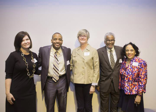 The panelists included (from left) Catherine Gavin Loss, assistant professor of the practice of leadership, policy and organizations at Peabody (moderator); Rucker Johnson, associate professor in the Goldman School of Public Policy at the University of California at Berkeley; Claire Smrekar, associate professor of public policy and education at Peabody and a consultant with the Civil Rights Division of the U.S. Department of Justice; Tennessee Court of Appeals judge Richard Dinkins (VU Law ’77), who represented the plaintiffs in Nashville’s long-running desegregation case; and Carol Johnson, former superintendent of Boston Public Schools, consultant to Memphis Schools and a visiting professor at Peabody. (Susan Urmy/Vanderbilt)
