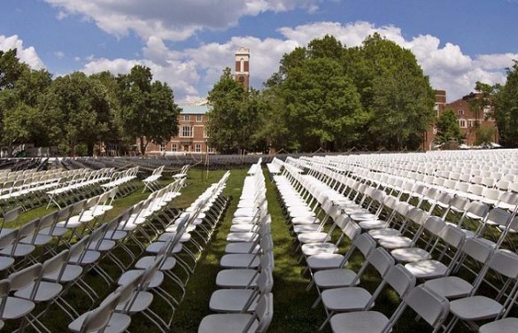 Alumni_Lawn_Commencement_chairs_fi Chairs set up on Alumni Lawn ahead of Commencement exercises, with a view of the Kirkland clock tower in the distance.