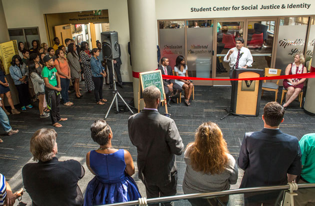 Chancellor Nicholas S. Zeppos delivers remarks at the Sept. 19 grand opening of the Student Center for Social Justice and Identity. (Anne Rayner/Vanderbilt)