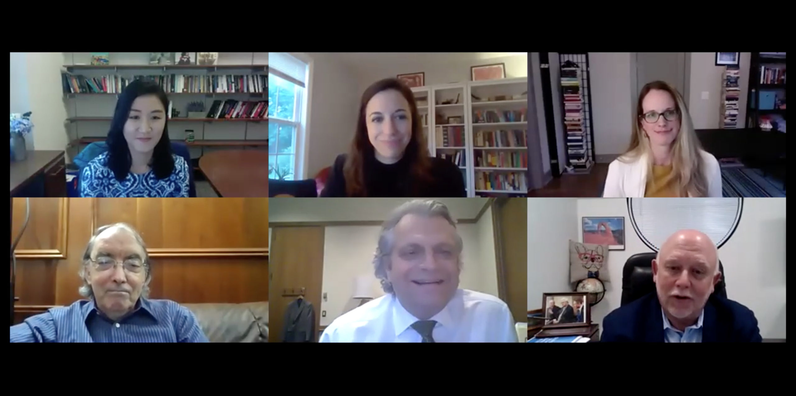 Chancellor Diermeier on screen with faculty members from the College of Arts and Science