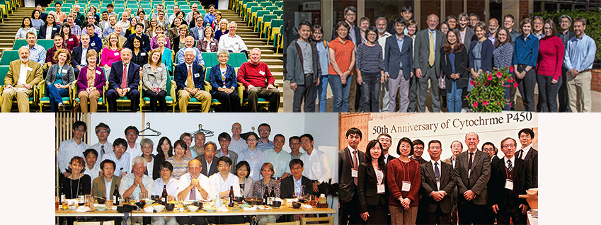 A collage of four long photos, two on the top and two on the bottom. Each photo shows a large number of people (between ~10–30) posing for a photograph.