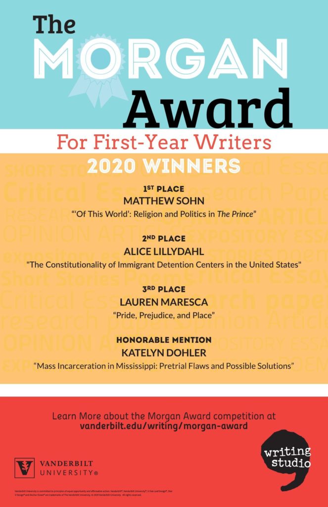 This colorful poster with a bands of light blue, orange, and red as background lists the first, second, and third place winners of the 2020 Morgan Award for First-Year Writers