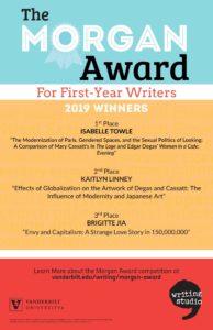 A brightly colored poster listing the first, second, and third place winners of the 2019 Morgan Award competition.