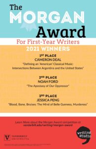 Bars of Blue, Yellow, and Red with white dividers are the background to this poster announcing the first, second, and third prize winners of the 2021 Morgan Award for First-Year Writers Competitions whose names also appear in the website announcement