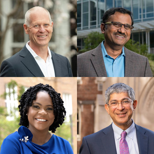 Headshot photos of Tom Steenburgh, Krishnendu Roy, Yolanda Pierce, and John Kuriyan