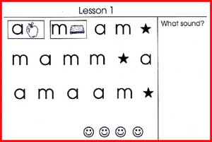 Sounds and Words activity with 1 section on identifying letter sounds and 2 sections on identifying three-letter words.