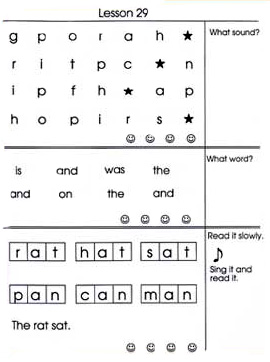 Sounds and Words activity with 1 section on identifying letter sounds and 2 sections on identifying three-letter words.