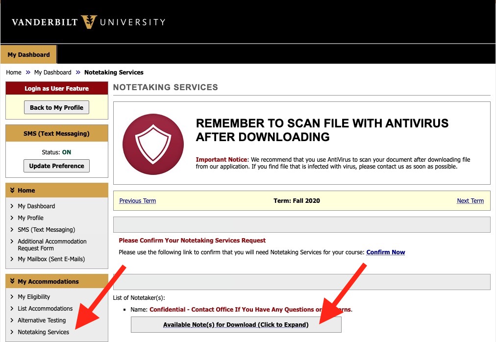 screenshot of the portal with an arrow pointing at notetaking services and an arrow pointing to the button labeled available notes, click to expand