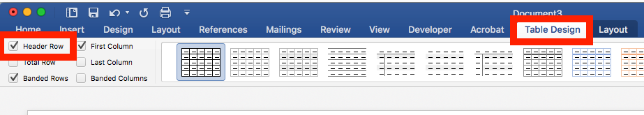 Table design tab selected, header row checkbox checked