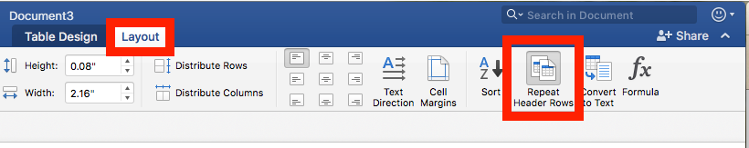 Layout tab selected, repeat header row button pressed