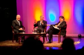 (Left to right) Sen. Lamar Alexander, author Jon Meacham and Chancellor Nicholas S. Zeppos talk about President George H.W. Bush at a Presidents Day forum as part of the Chancellor's Lecture Series. (Photo by Joe Howell/Vanderbilt University)