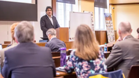 Chancellor Nicholas S. Zeppos leads a symposium discussing Vanderbilt's land use plan on Nov. 2. (Daniel Dubois/Vanderbilt)