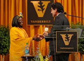 Wangari Maathai and Chancellor Nicholas S. Zeppos on May 12, 2011. (John Russell/Vanderbilt)