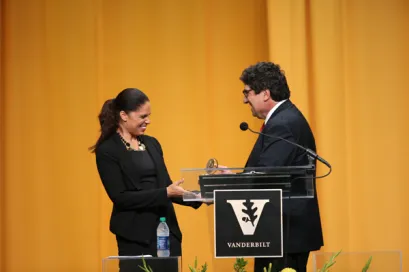 Chancellor Nicholas S. Zeppos (right) introduced O'Brien and presented her with this year's Nichols-Chancellor's Medal. (Vanderbilt University)
