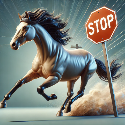 An AI image of a horse speeding past a stop sign leaving a trail of dust in its wake