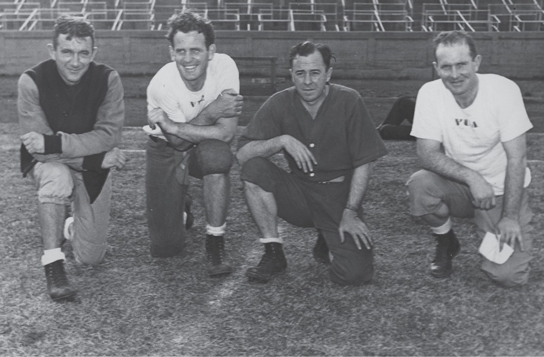 Left to right: Vanderbilt Head Coach Red Sanders and assistant coaches Paul “Bear” Bryant, H.E. Alley and Jim Scoggins in 1940. (VANDERBILT SPECIAL COLLECTIONS AND UNIVERSITY ARCHIVES)
