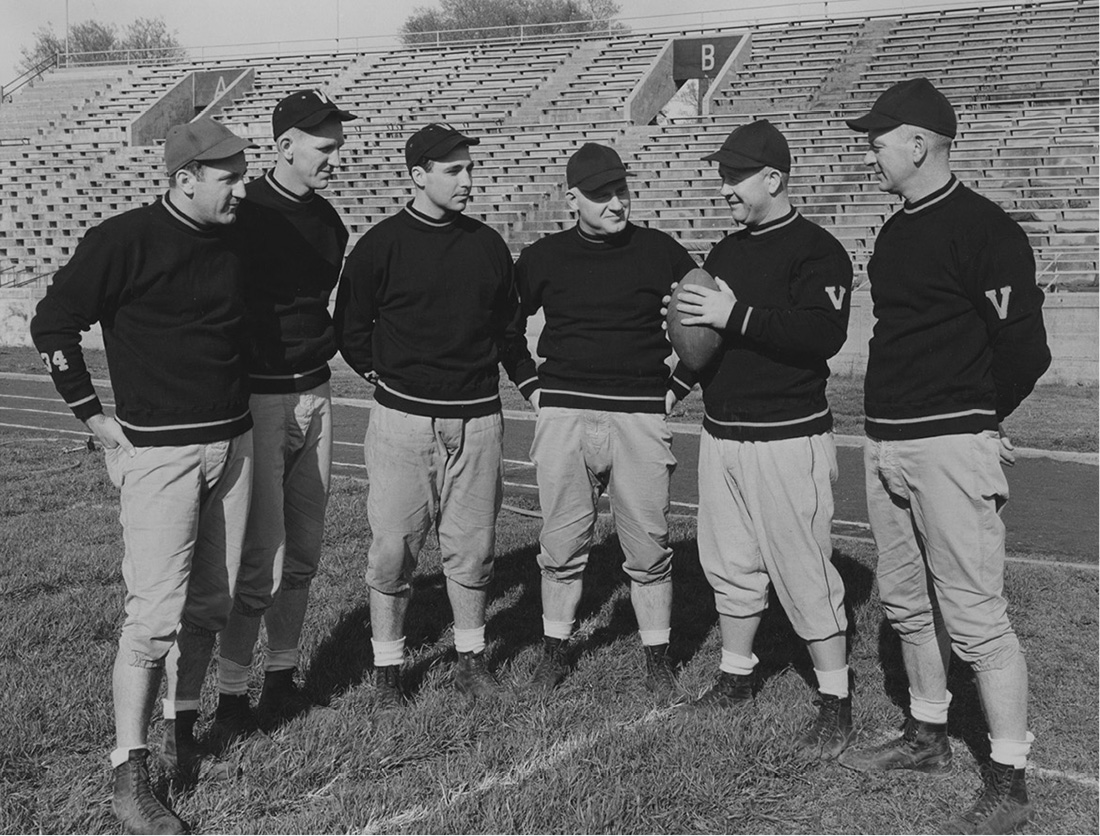 Steve Belichick, at far left, was a Vanderbilt assistant coach under Bill Edwards from 1949 to 1952. He is the father of New England Patriots coach Bill Belichick. (VANDERBILT SPECIAL COLLECTIONS AND UNIVERSITY ARCHIVES)