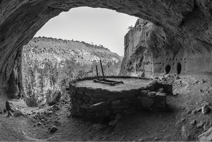 "Alcove House" in the north wall of Frijoles Canyon at Bandelier National Monument contains this kiva and ruins of cavate features. Photo by David Halpern