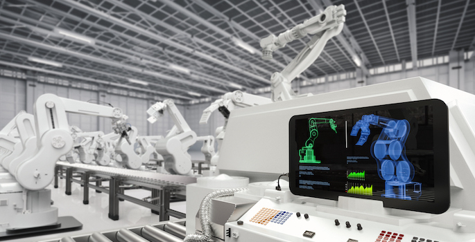 automotive assembly line with 3d rendering monitor screen with robotic arms