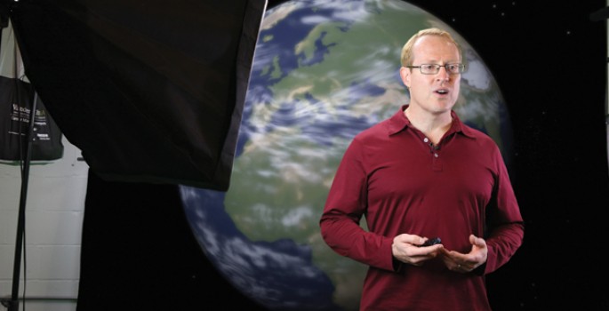 Professor of Computer Science Doug Schmidt films a video for Coursera. (Susan Urmy/Vanderbilt)