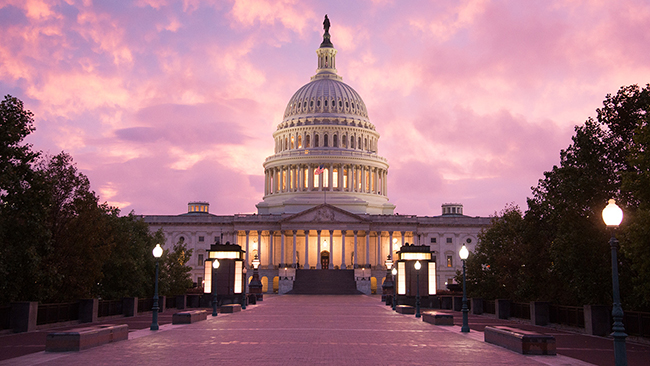 The U.S. Capitol Building at sunset.