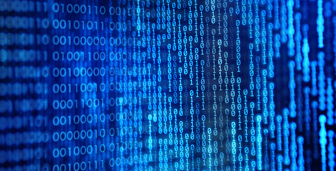 concept of computer code: zeroes and ones scattered across a blue background