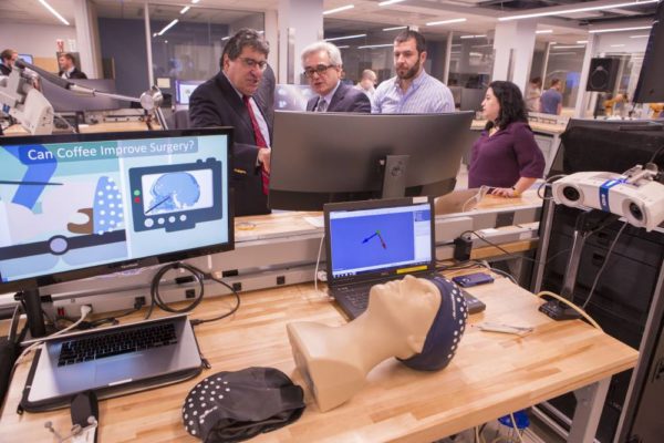 Chancellor Nicholas S. Zeppos watches technology demonstration at open house for Vanderbilt Institute for Surgery and Engineering