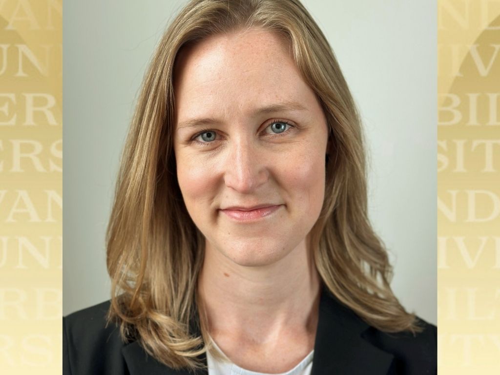 Sonja Fulmer headshot over Vanderbilt gold background