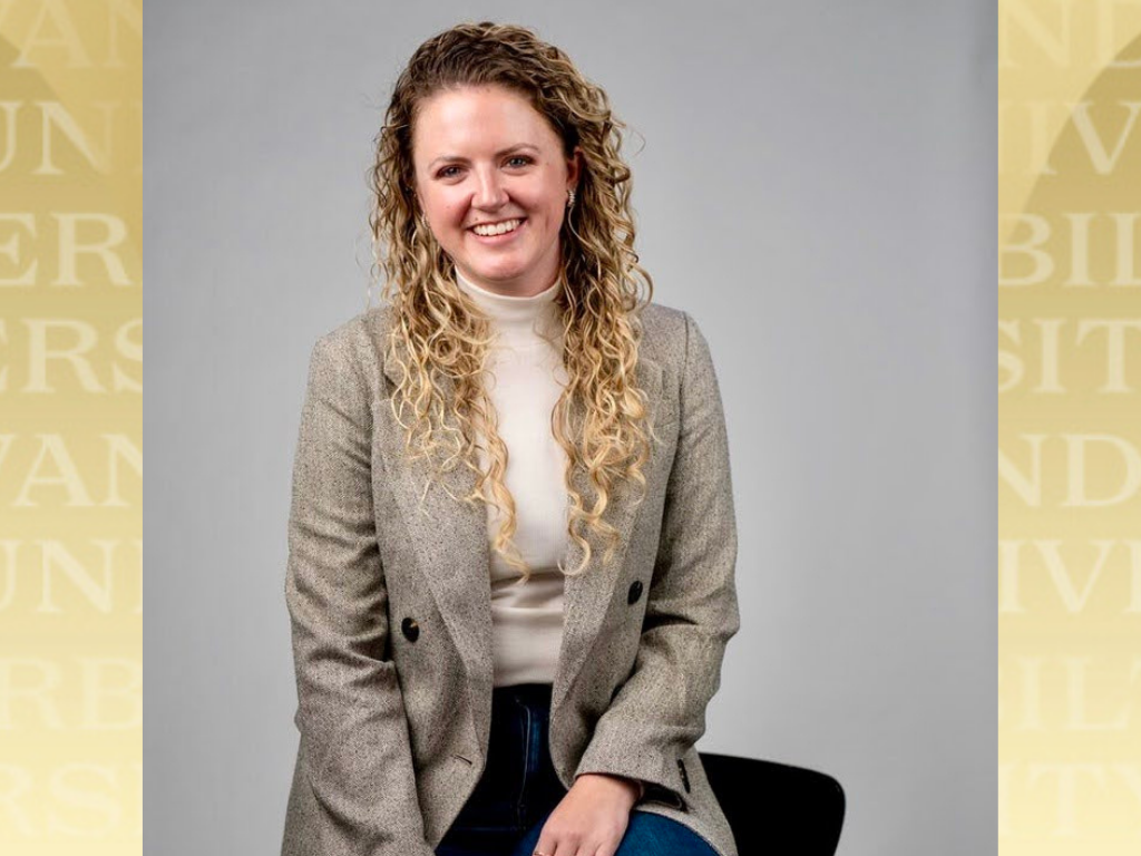 Kaitlyn Browning headshot over Vanderbilt gold background