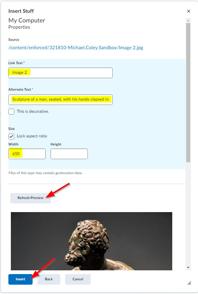 Add image options menu with link text, alt text, and width highlighted. Arrows point towards Refresh preview and Insert buttons.