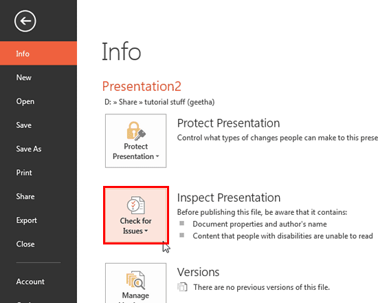 PowerPoint window, File tab open, Info selected from list, Check for issues button highlighted