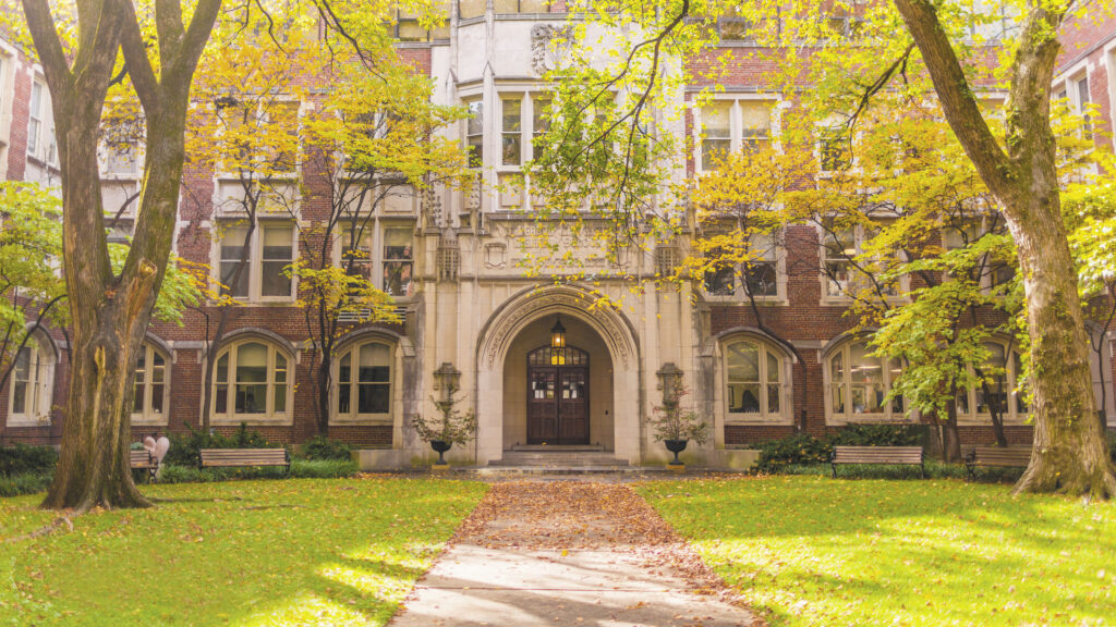 The entrance to Medical Center North from the Chapman Quadrangle in the fall. 
