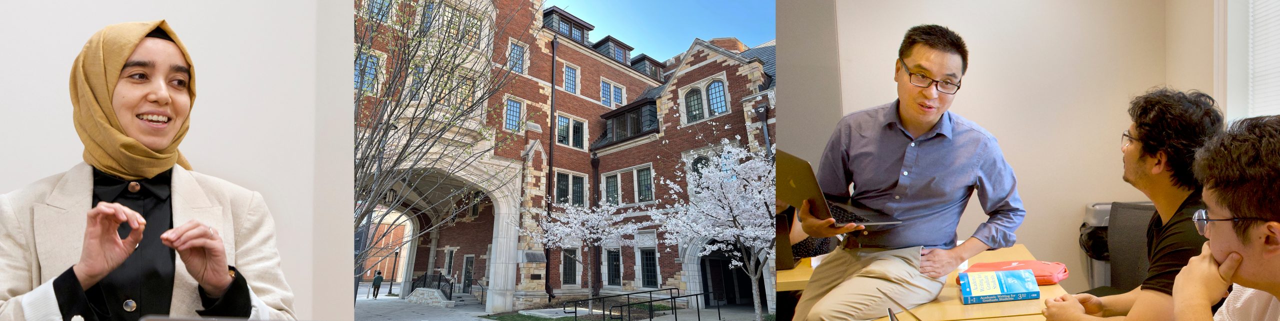 a student makes a presentation, flowering trees in front of Zeppos College, a teacher talks to two students