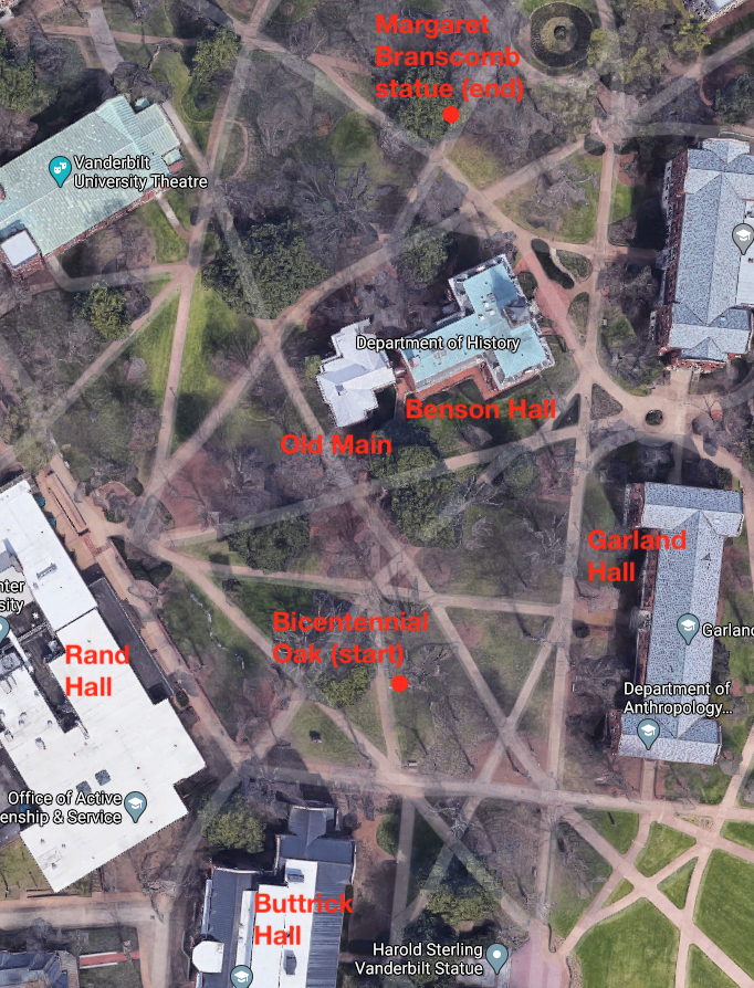 Map showing start and end of historic tour