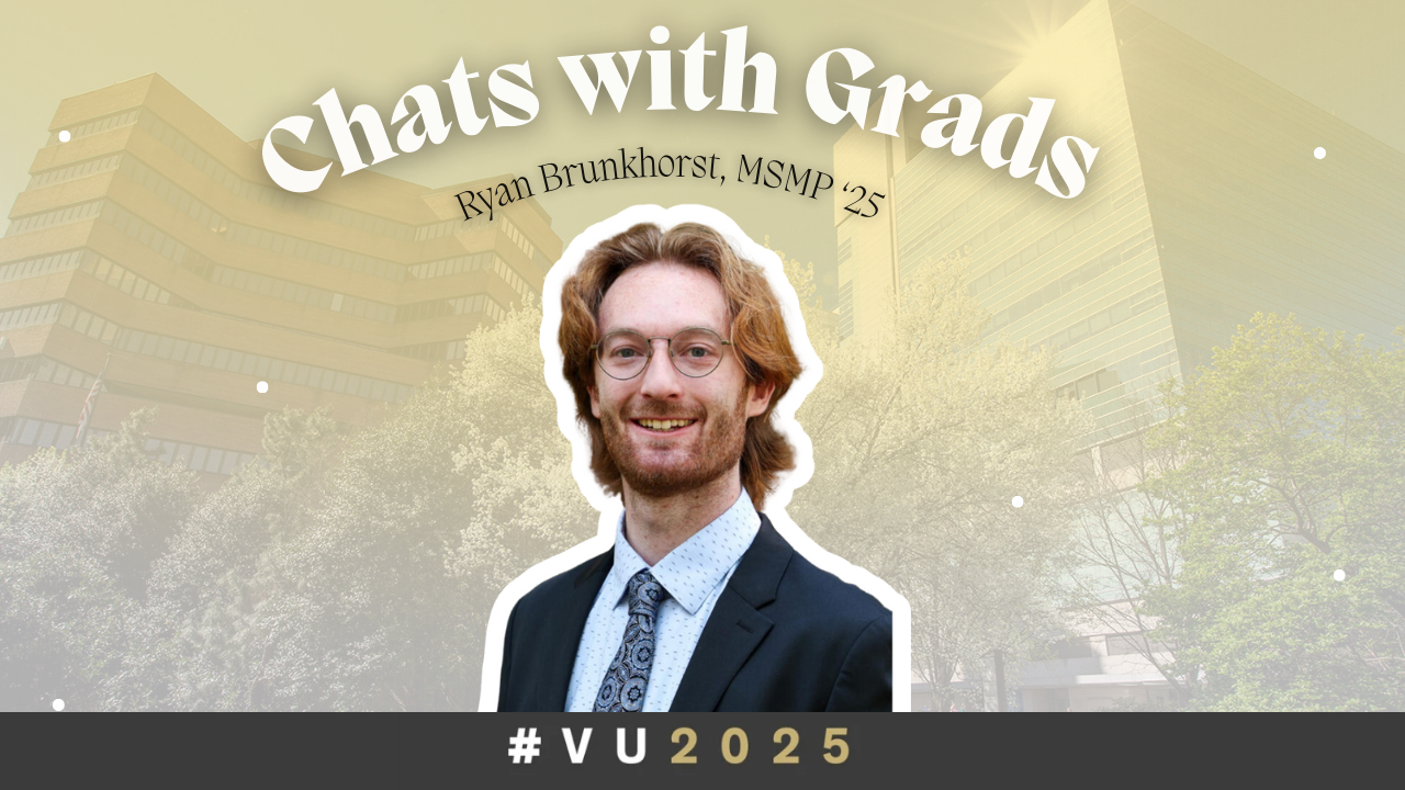 Video cover image showing a Vanderbilt medical physics student and the medical center in the background.