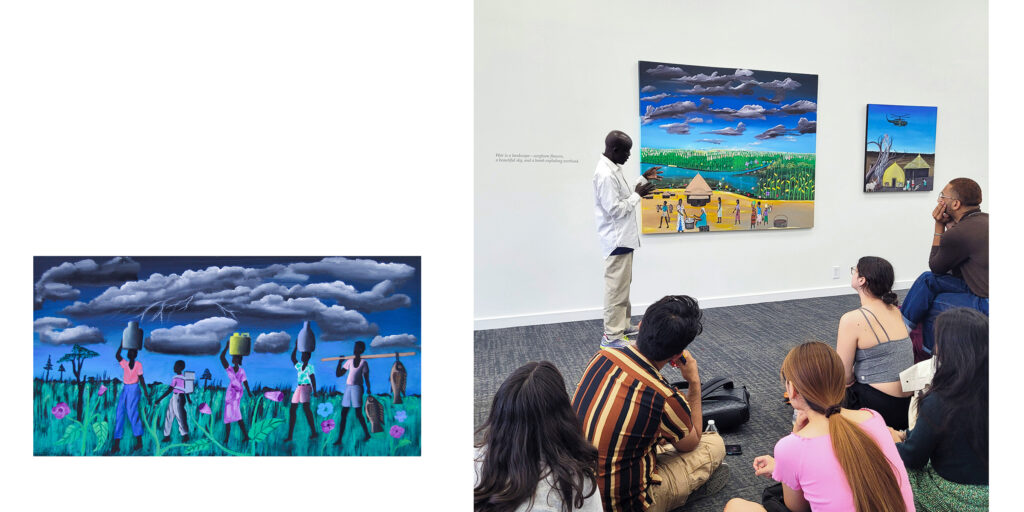 Left: From Ethiopia to Kenya , 2023,acrylic on board, 23×12 in. Right: James Kuol Makuac giving a tour of the exhibition to Vanderbilt students. Photo: EADJ Team.