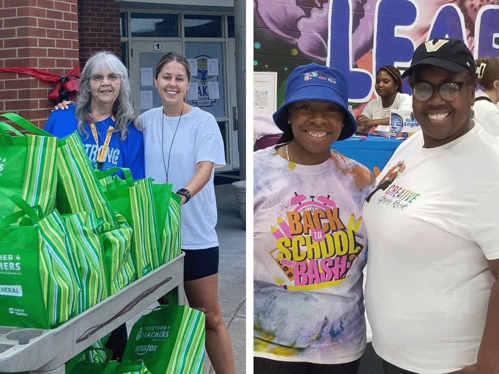 Eakin Elementary staff receiving bags of school supplies, Midori Lockett with Charmin Bates of Creative Girls Rock