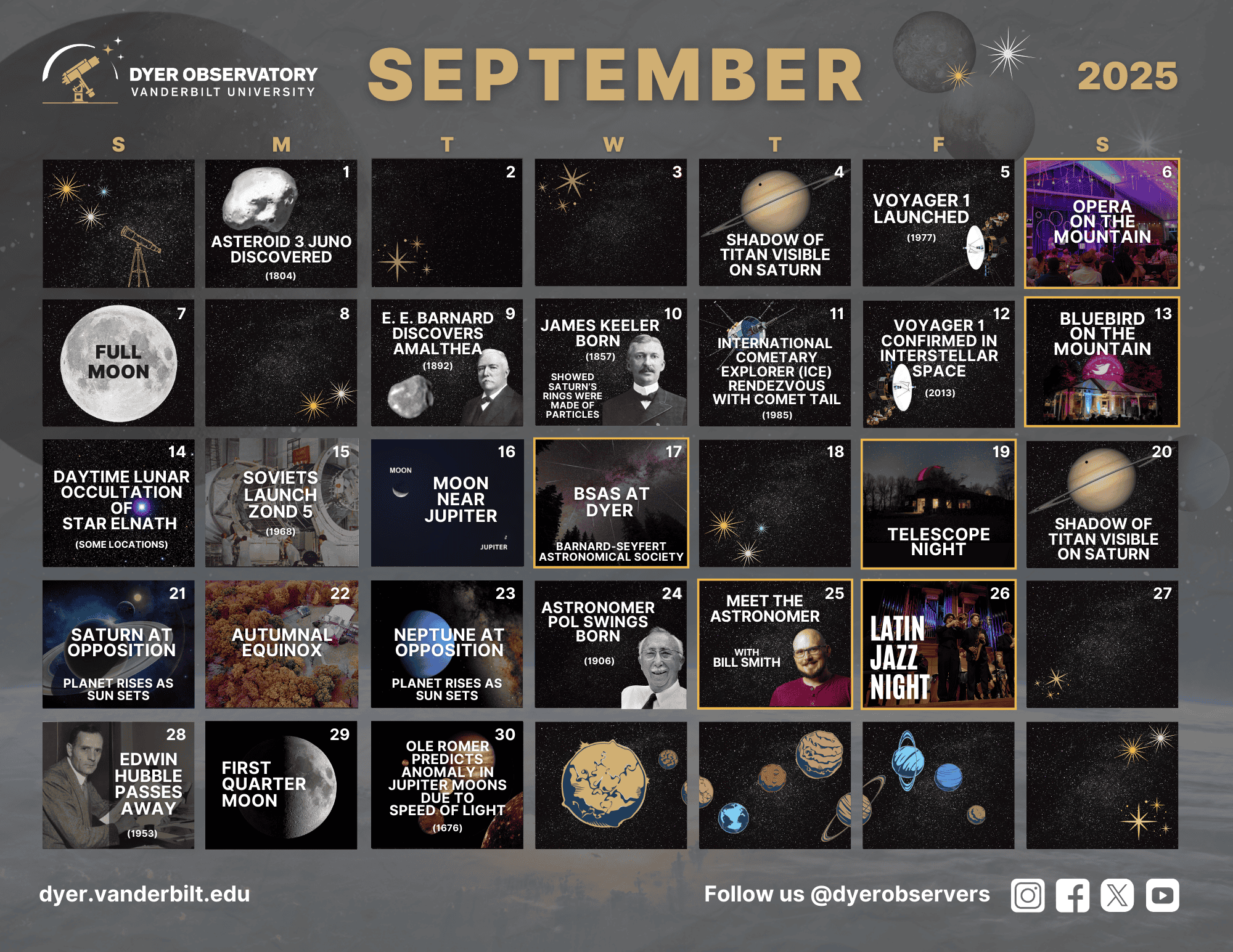September 2025 calendar for download with moon phases, historical astrological events, and Dyer community events highlighted